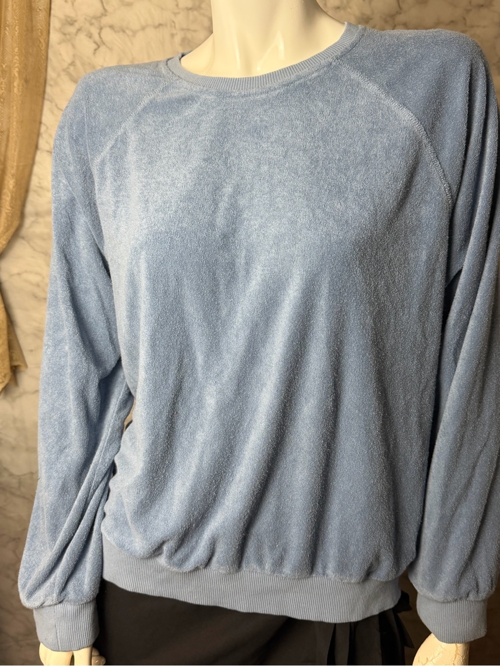 Dusty Powder Blue Towel Texture Sweatshirt Lightweight Terry Pullover Raglan S